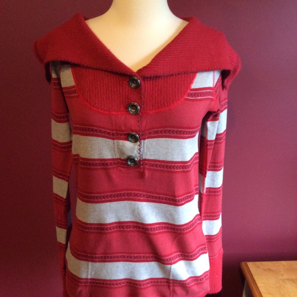 Free People Red & Light Gray Striped Pullover Button-Front Sweater With Pockets